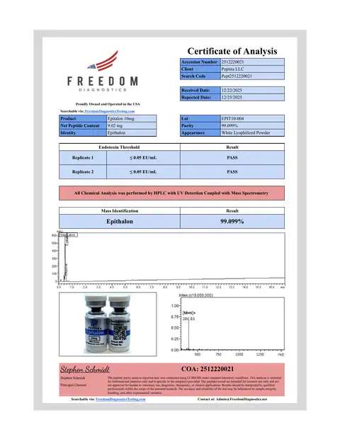Page 1 of the certificate of analysis for Epitalon Vial 10 mg lot EPIT10-004 (Freedom Diagnostics)