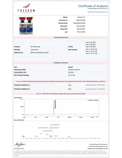Page 1 of the certificate of analysis for TB-500 Vial 10 mg lot TB5-10-005 (Freedom Diagnostics)
