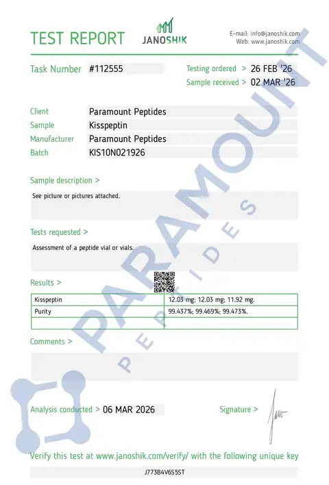 Page 1 of the certificate of analysis for Kisspeptin (10mg) lot KIS10N021926 (Janoshik)