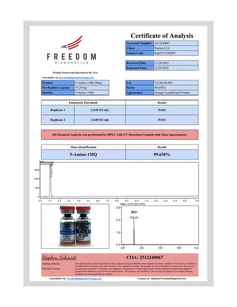 Page 1 of the certificate of analysis for 5-Amino 1MQ Vial 50 mg lot 5A1M-50-003 (Freedom Diagnostics)
