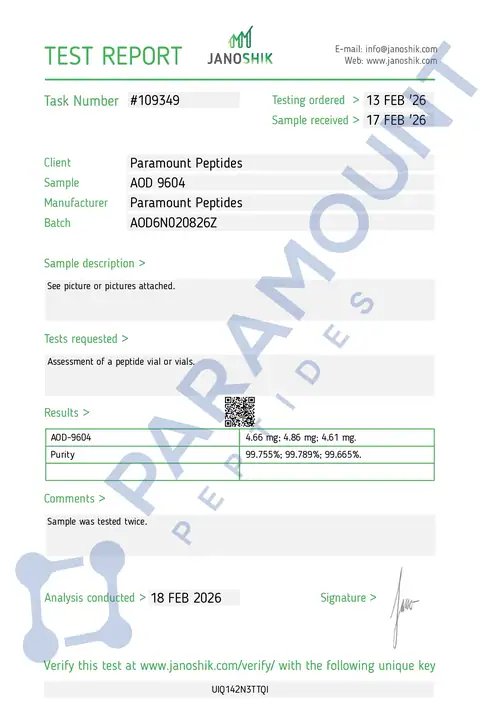 Page 1 of the certificate of analysis for AOD 9604 (6mg) lot AOD6N020826Z (Janoshik)