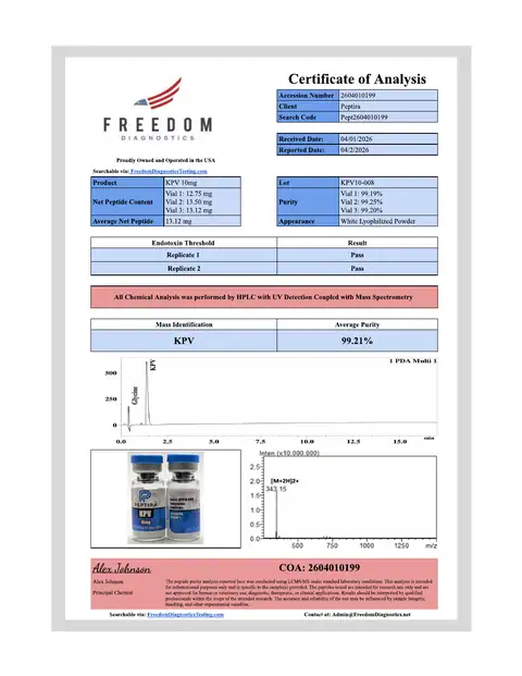 Page 1 of the certificate of analysis for KPV Vial 10 mg lot KPV10-008 (Freedom Diagnostics)