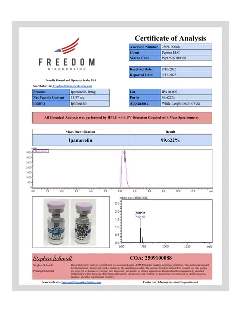 Page 1 of the certificate of analysis for Ipamorelin Vial 10 mg lot IPA10-002 (Freedom Diagnostics)