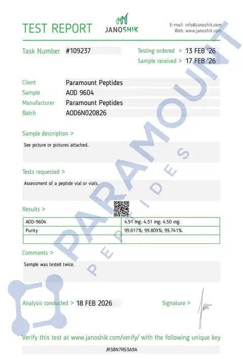 Page 1 of the certificate of analysis for AOD 9604 (6mg) lot AOD6N020826 (Janoshik)