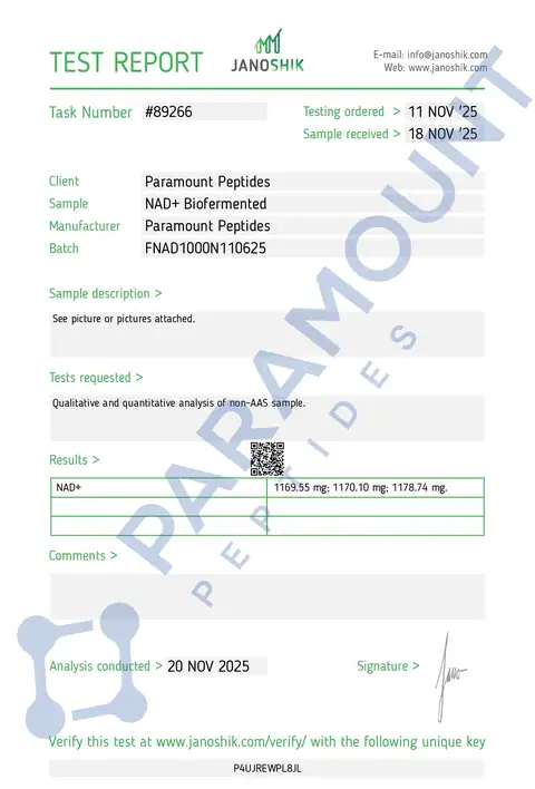 Page 1 of the certificate of analysis for NAD+ (1000mg) Biofermented (5ml Vial) lot FNAD1000N110625 (Janoshik)