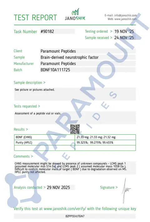 Page 1 of the certificate of analysis for P21 / BDNF (Brain-derived neurotrophic factor) (10mg) lot BDNF10A111725 (Janoshik)