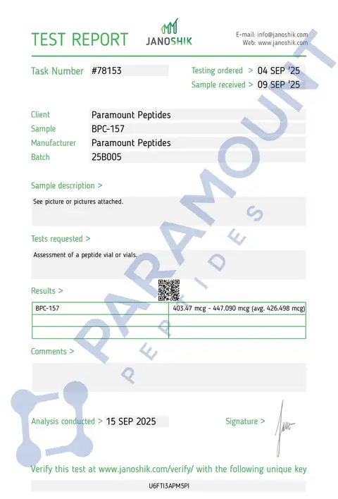 Page 1 of the certificate of analysis for BPC-157 (500mcg) x 30 Tablets lot 25B005 (Janoshik)