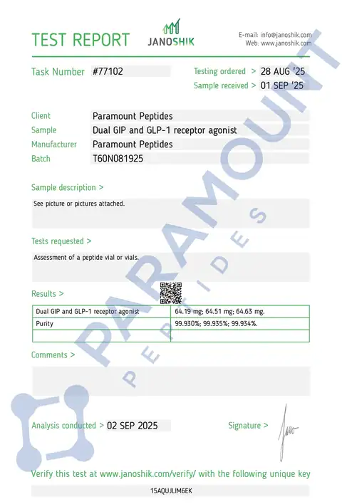 Page 1 of the certificate of analysis for GLP-2 T - 60mg lot T60N081925 (Janoshik)