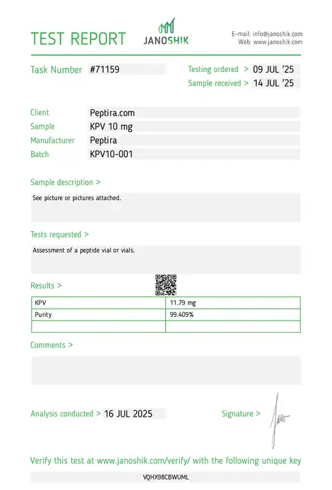 Page 1 of the certificate of analysis for KPV Vial 10 mg lot KPV10-001 (Janoshik)