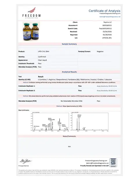 Page 1 of the certificate of analysis for Lipo-C XL Liquid 20 ml lot LIPOCXL-001 (Freedom Diagnostics)