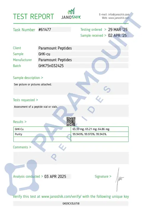 Page 1 of the certificate of analysis for GHK-Cu (50mg) lot GHK75n032425 (Janoshik)