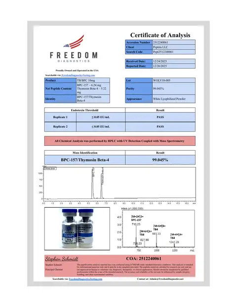 Page 1 of the certificate of analysis for TB/BP Blend (Wolverine) Vial 10 mg lot WOLV10-005 (Freedom Diagnostics)