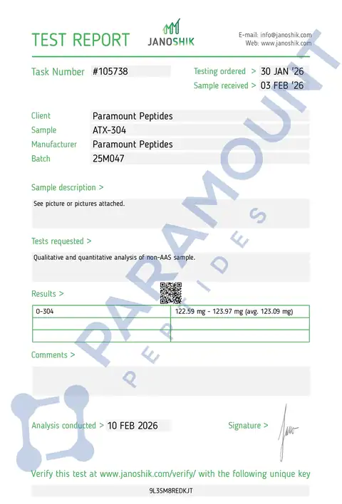 Page 1 of the certificate of analysis for ATX-304 (100mg) x 60 Tablets lot 25M047 (Janoshik)