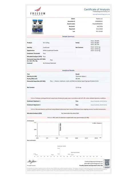 Page 1 of the certificate of analysis for THYMOSIN ALPHA-1 Vial 10 mg lot TA1-10-003 (Freedom Diagnostics)