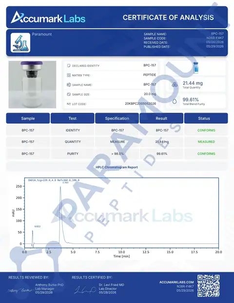 Page 1 of the certificate of analysis for BPC-157 (20mg) lot 20KBPC2005052026 (Accumark Labs)