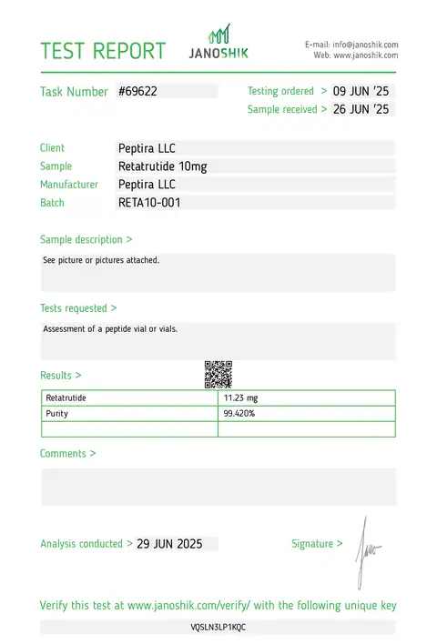Page 1 of the certificate of analysis for RETA-3 Vial 10 mg lot RETA10-001 (Janoshik)