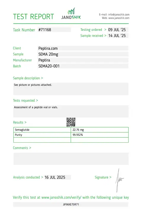 Page 1 of the certificate of analysis for SEMA-1 Vial 20 mg lot SEMA20-001 (Janoshik)