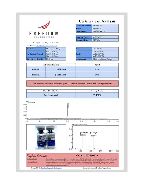 Page 1 of the certificate of analysis for Melanotan-1 Vial 10 mg lot MT1-10-006 (Freedom Diagnostics)