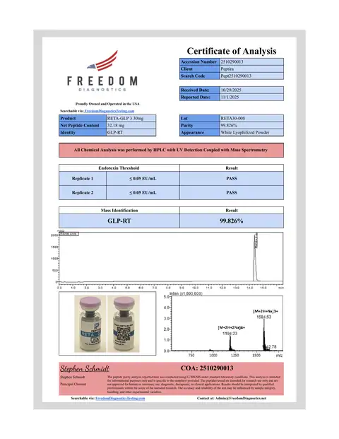Page 1 of the certificate of analysis for RETA-3 Vial 30 mg lot RETA30-008 (Freedom Diagnostics)