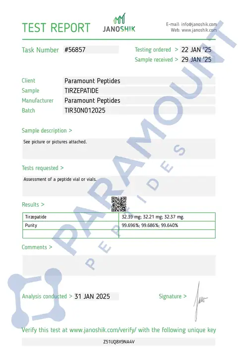 Page 1 of the certificate of analysis for GLP-2 T - 30mg lot TIR30N012025 (Janoshik)