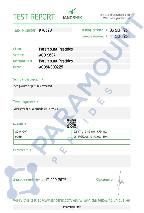Page 1 of the certificate of analysis for AOD 9604 (6mg) lot AOD6N090225 (Janoshik)